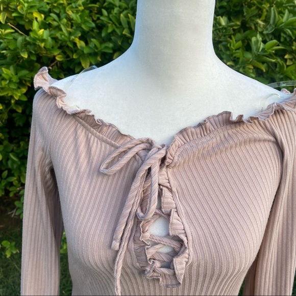 Blashe Tan Off Shoulder Lace Up Bodycon Dress - Picture 3 of 5